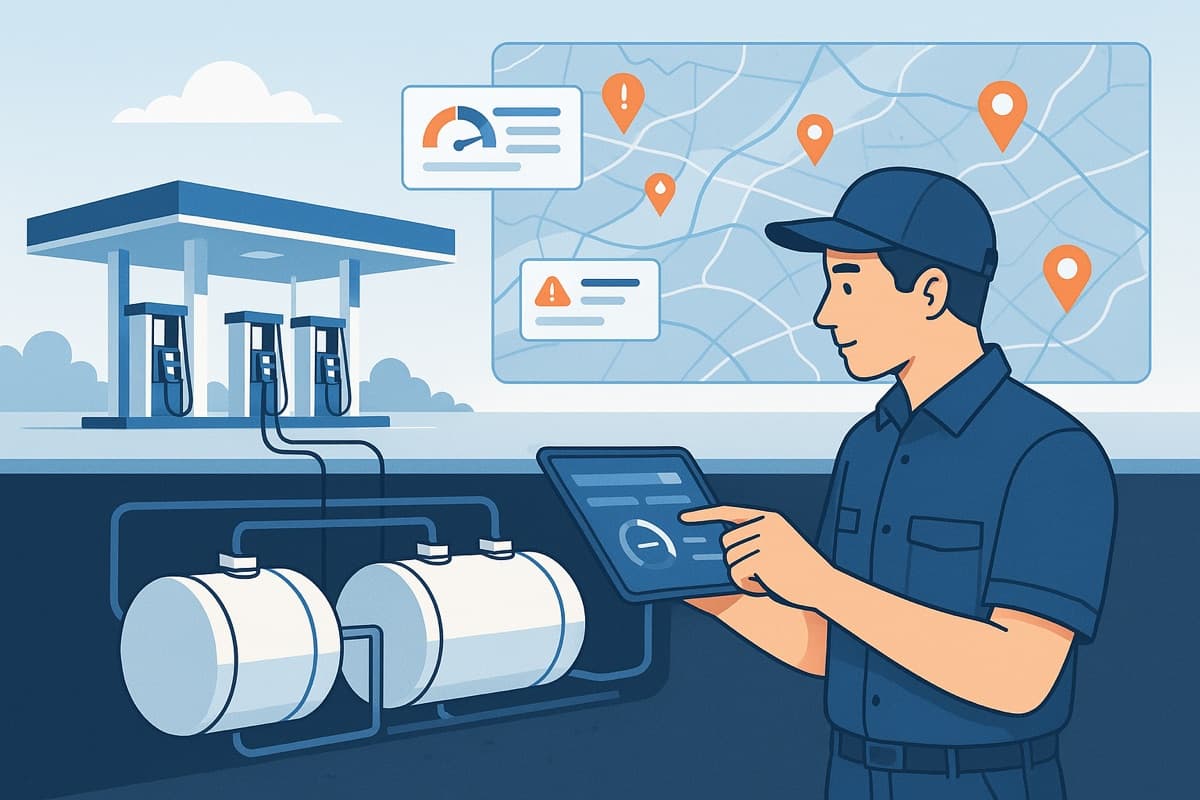 TankActive dashboard showing real-time fuel tank levels, leak detection alerts, and multi-site inventory management